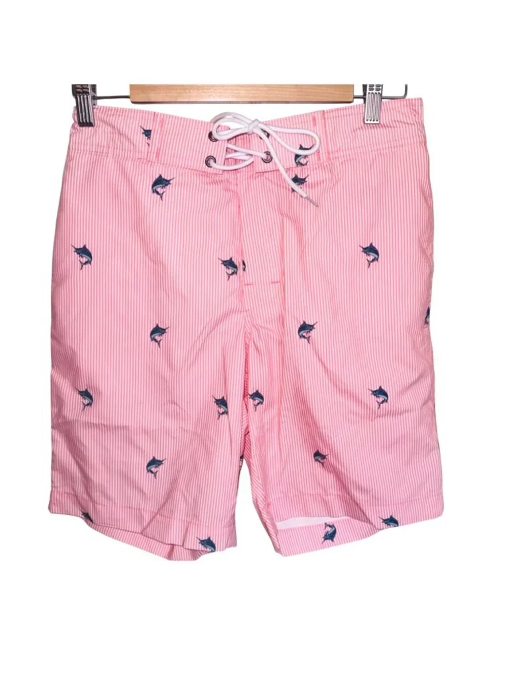 NWT St Johns Bay Mens Swim Shorts Pink White Striped Marlin Print 9